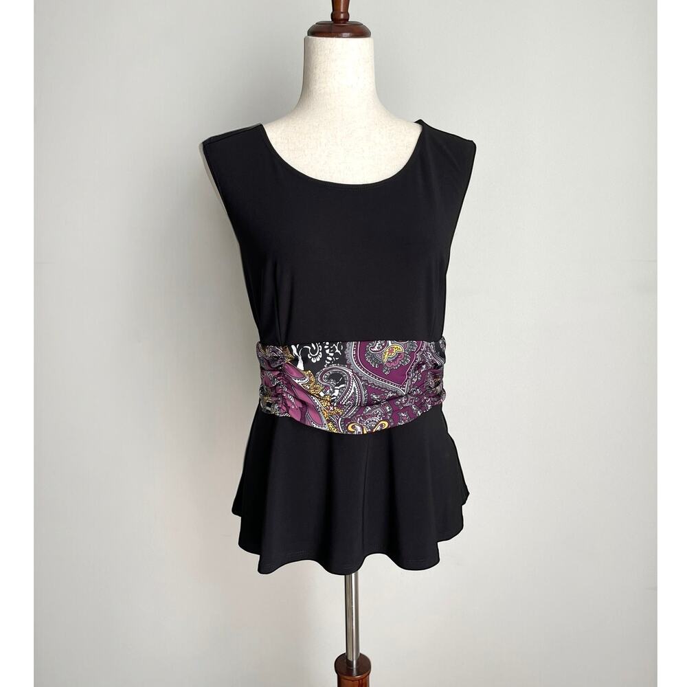 VTG Y2K Serengeti Paisley Floral Ruched Flare Hem Top L Black Purple Boho Hippie